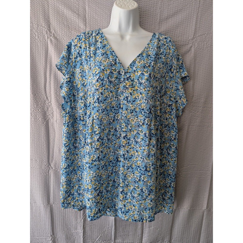 Carolina Belle Montreal Blue Floral V-Neck Pleated Blouse Plus Size 3X
